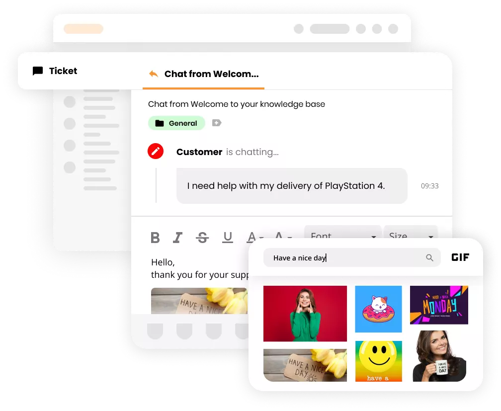 Интерфейс на системата за издаване на билети на LiveAgent, показващ GIF файлове в билет.