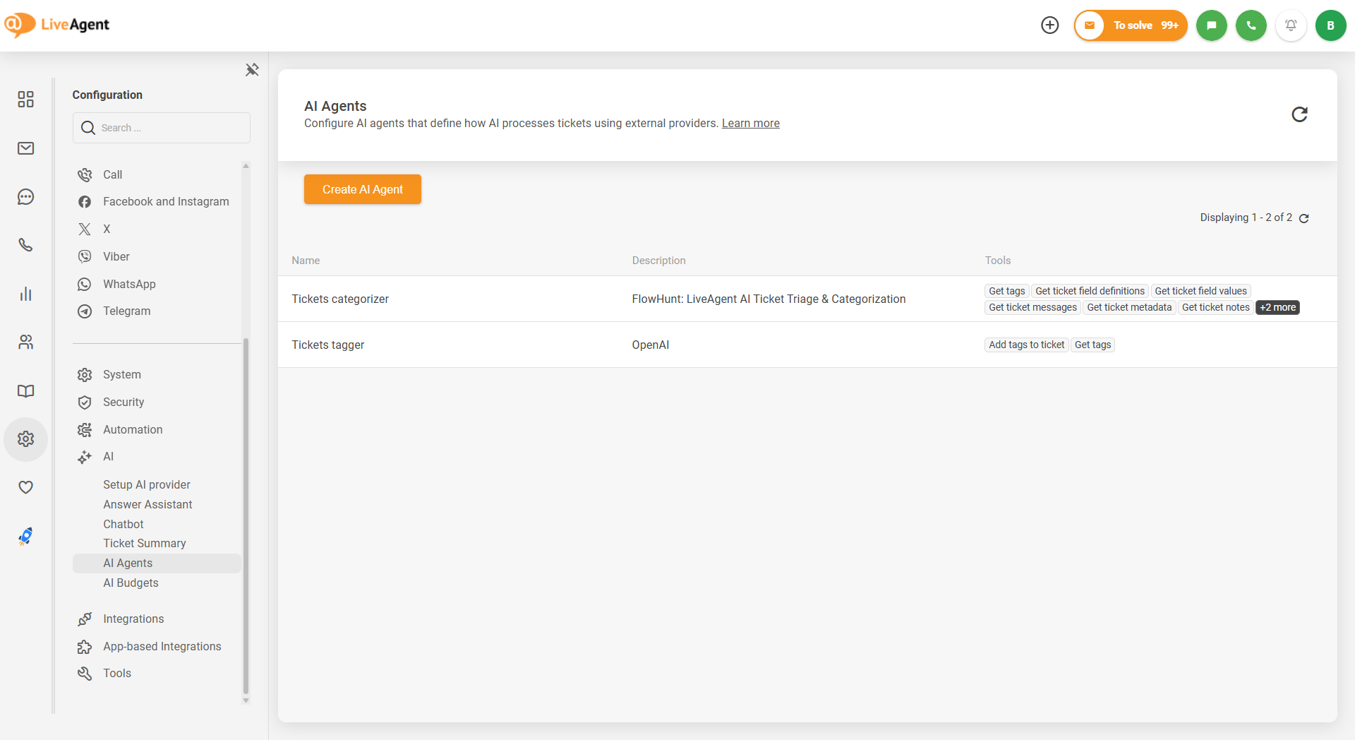 Екран за конфигурация на AI агенти в LiveAgent, показващ агенти за категоризиране и маркиране на билети