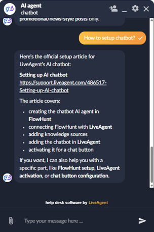 LiveAgent AI Agent чат с поддръжка на markdown