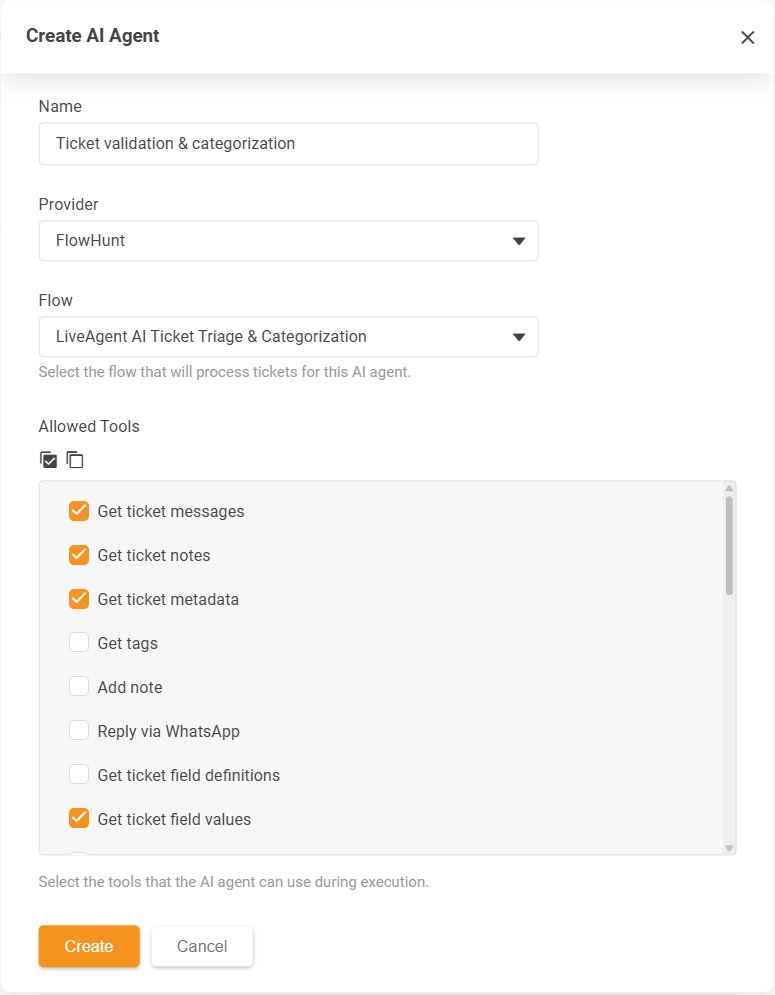 Диалогов прозорец Create AI Agent на LiveAgent със списъка Allowed Tools с разрешените действия