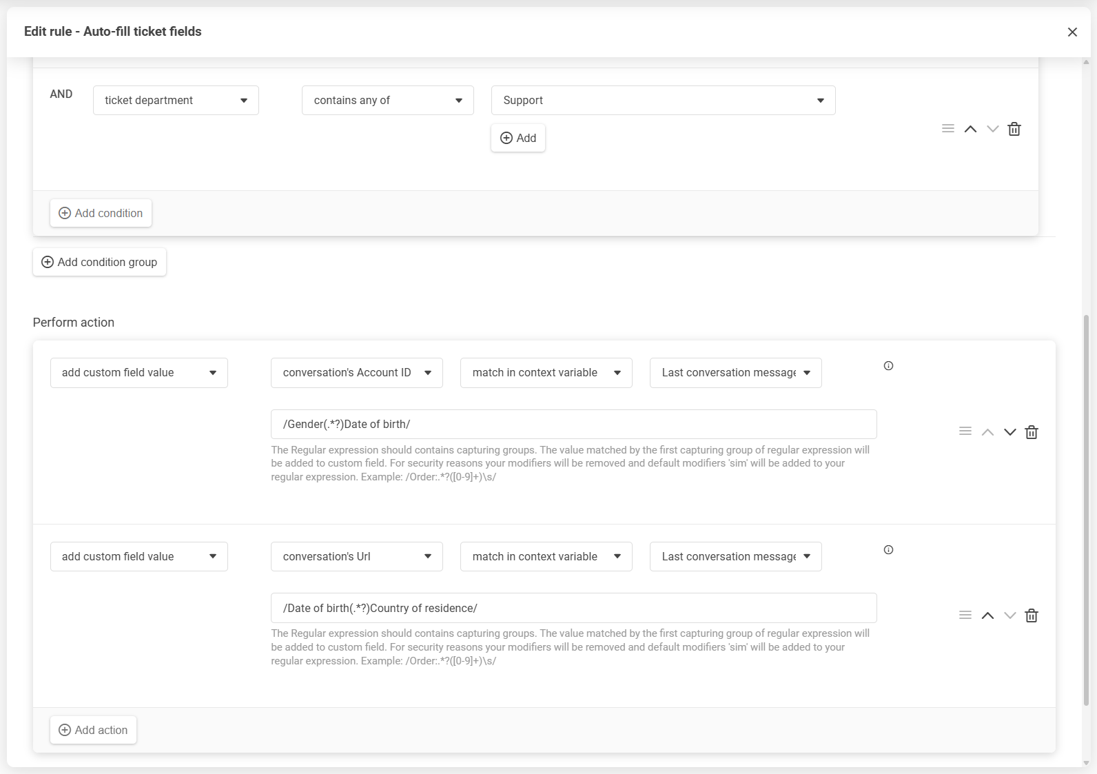 Редактор на правила в LiveAgent с възможност за пренареждане на условия и действия чрез плъзгане и пускане