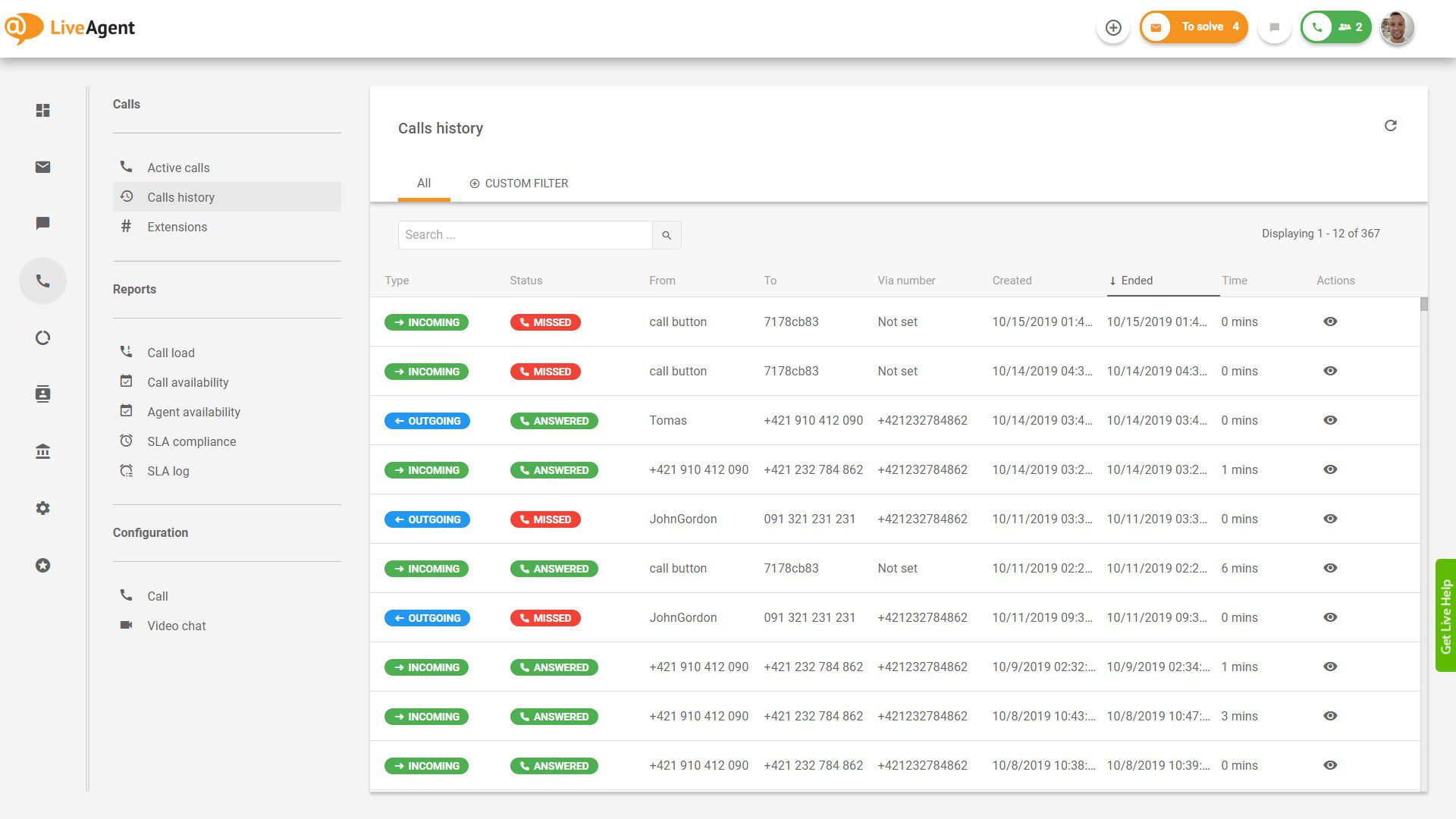 Преглед на интерфейса на центъра за обаждания в LiveAgent.