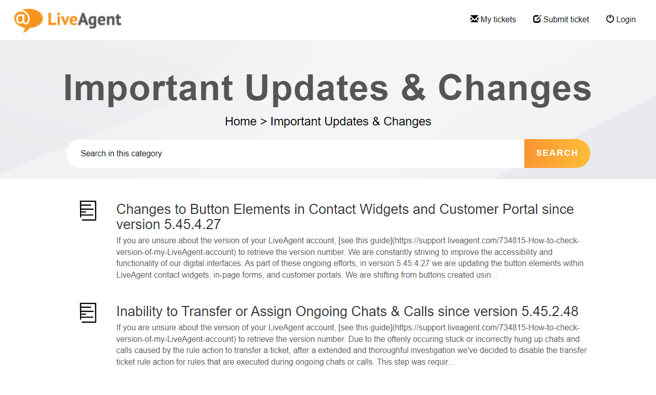 Liveagent knowledge base, new category of important updates & changes