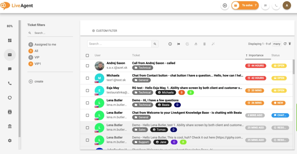 Преглед на интерфейса за управление на билети в LiveAgent.