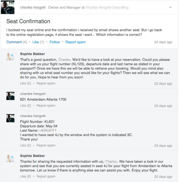 Отговор на KLM Airlines на въпрос на клиента в LinkedIn