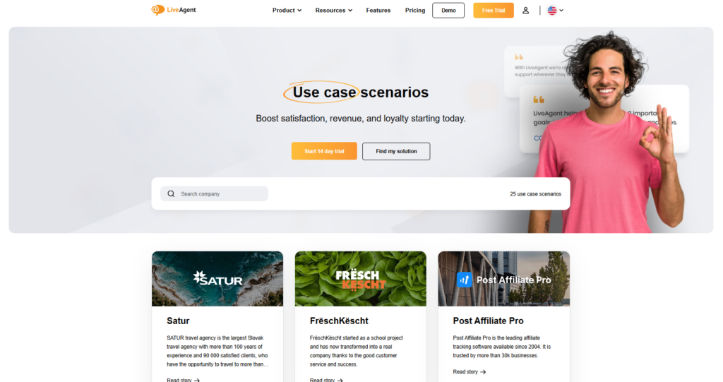 Екранна снимка на уебсайта на LiveAgent, където те споделят успешни истории на своите клиенти