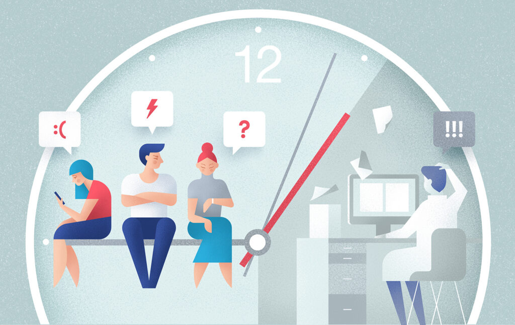 Илюстрация на клиенти, чакащи поддръжка на клиентите