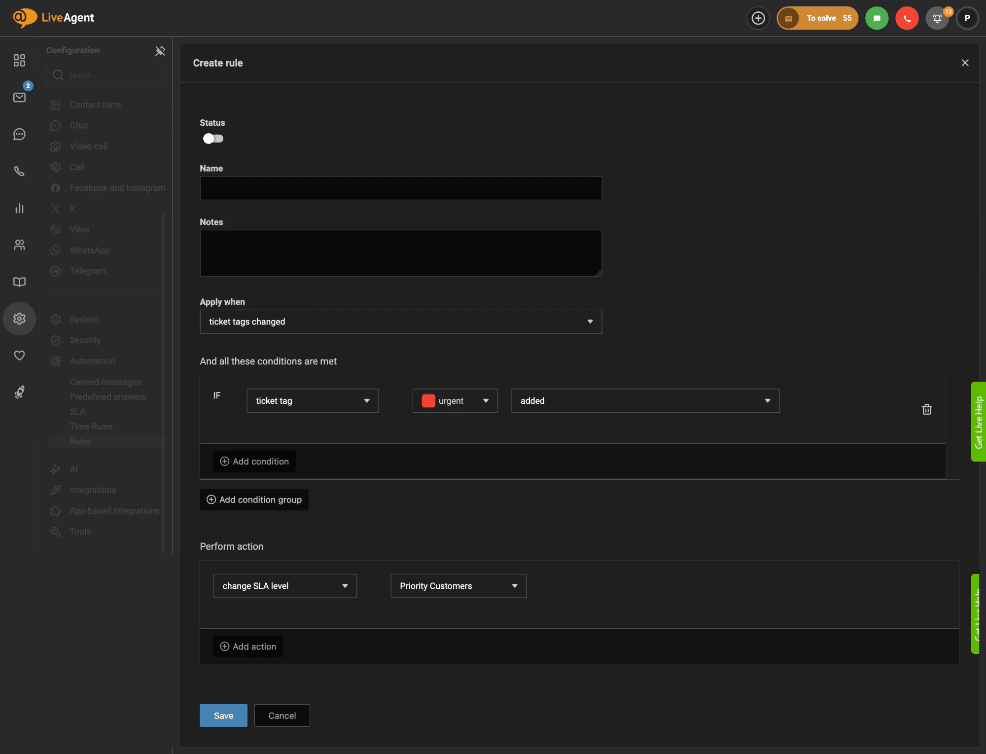Правило в LiveAgent, което променя нивото на SLA на Priority Customers, когато етикетът urgent се добави към тикет