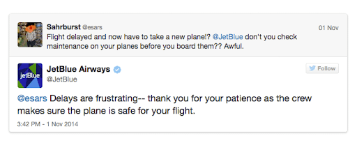 Отговор на JetBlue на недоволен туит на клиента в Twitter