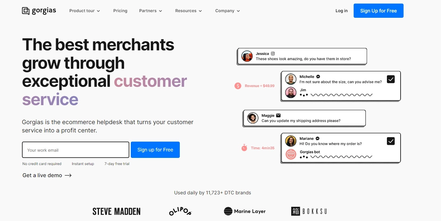Начална страница на Gorgias - софтуер за живо чат за електронна търговия, фокусиран на печалба
