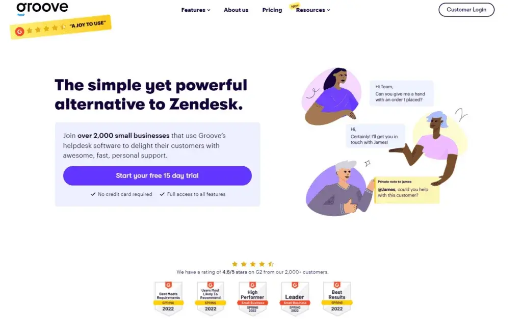 Начална страница на Groove - опростена алтернатива на Zendesk за малки бизнеси