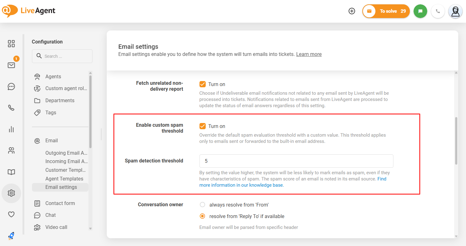 Интерфейсът на персонализируемия праг за спам на LiveAgent