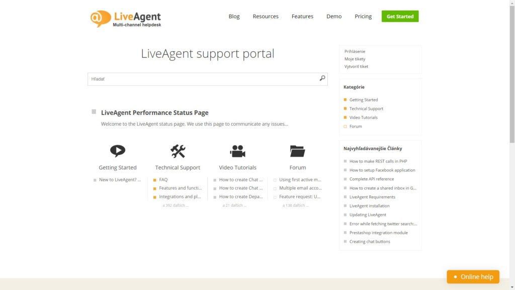 Портал за поддръжка на LiveAgent. Отличен пример за лесно търсима база знания.