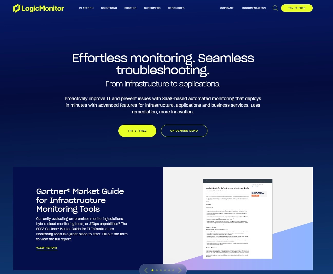Снимка на начална страница на LogicMonitor - IT платформа за производителност за безпроблемен мониторинг и отстраняване на неизправности