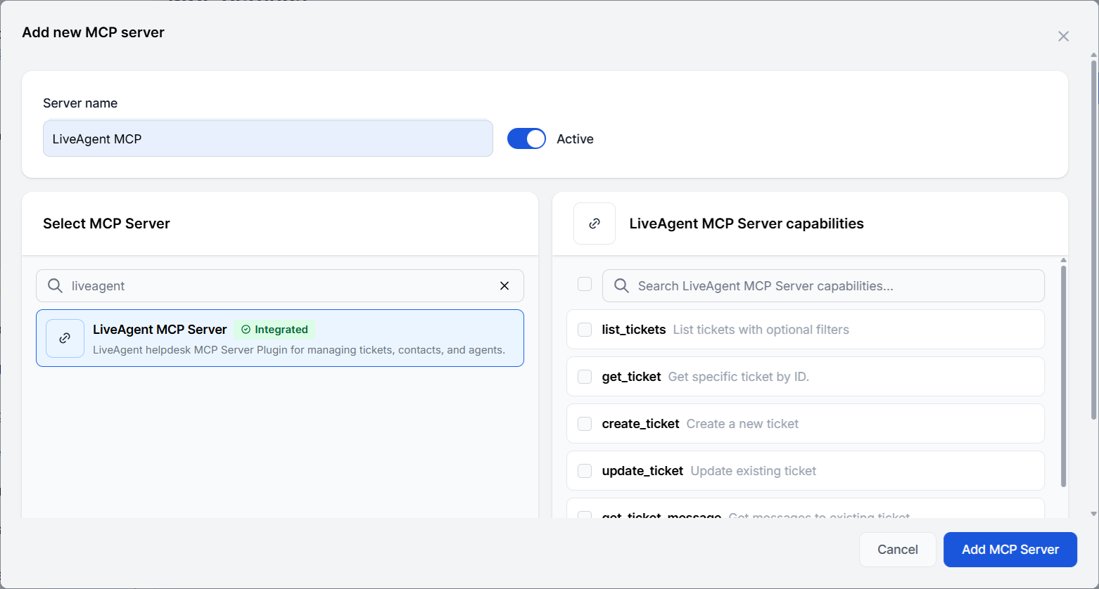 Нов MCP сървър Liveagent беше добавен към FlowHunt
