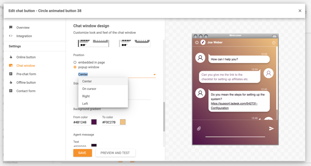 Pop-up window feature LiveAgent