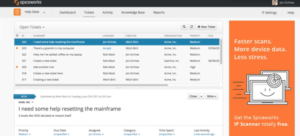 Безплатна услуга за билетиране на Spiceworks
