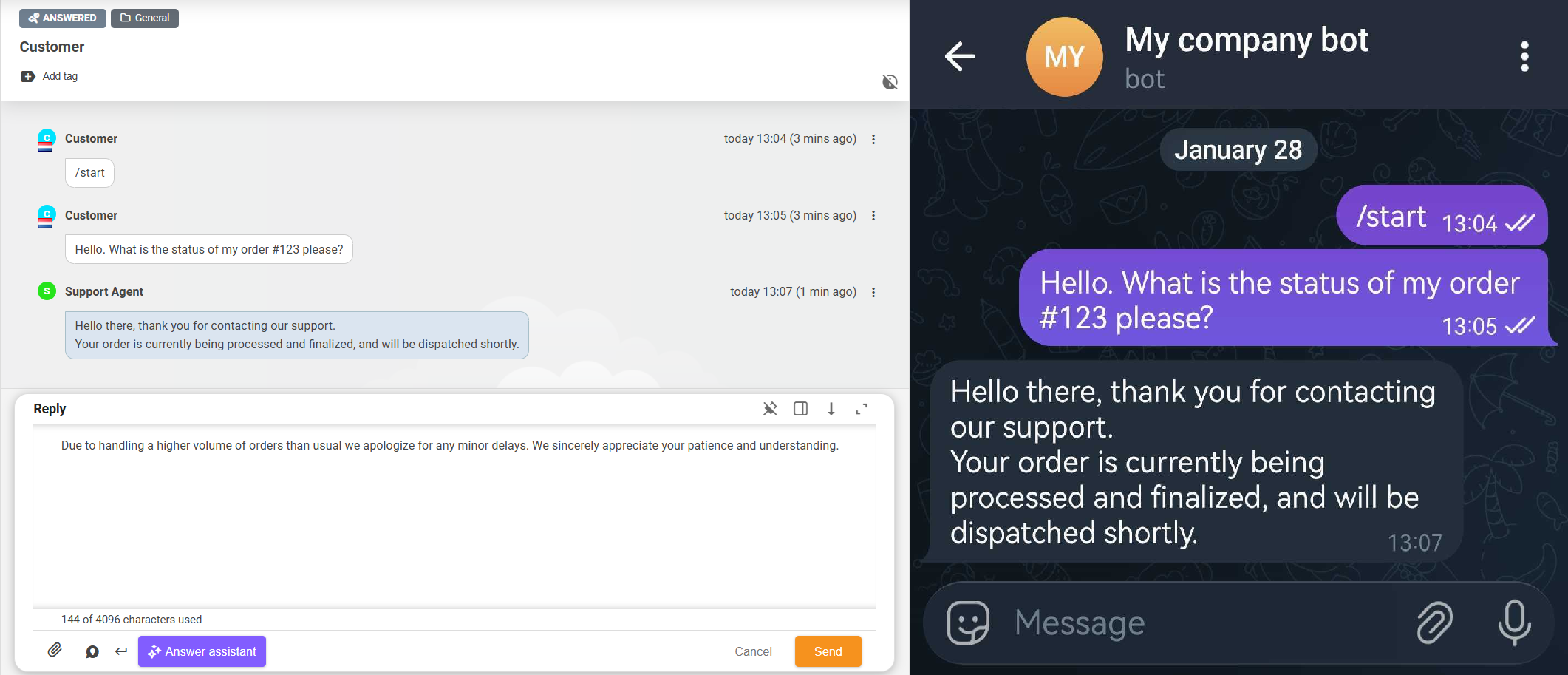 Telegram integrated chatbot inside LiveAgent