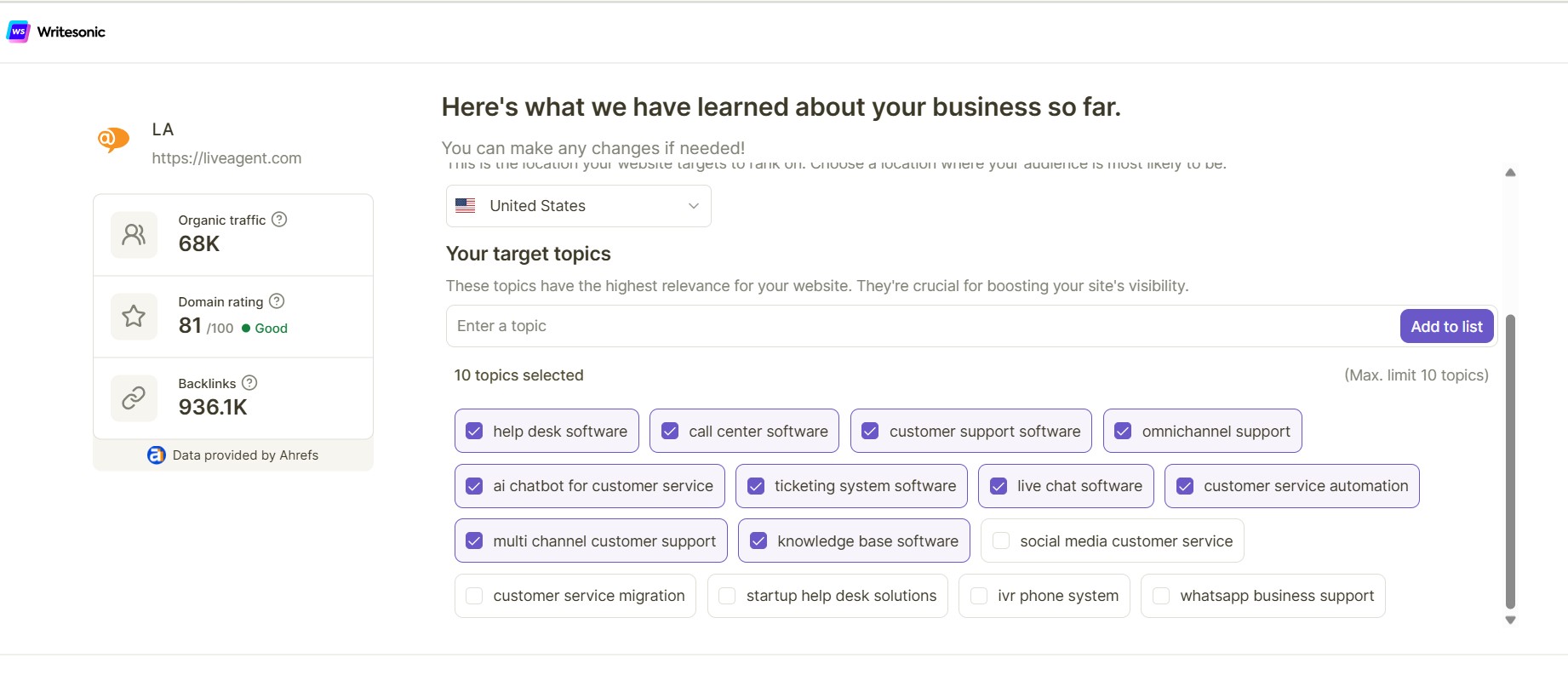 Преглед на одит на SEO на уебсайта на Writesonic
