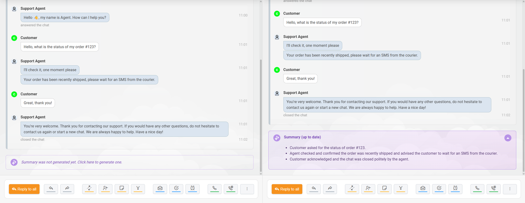AI резюме на тикет в LiveAgent, генерирано за чат разговор