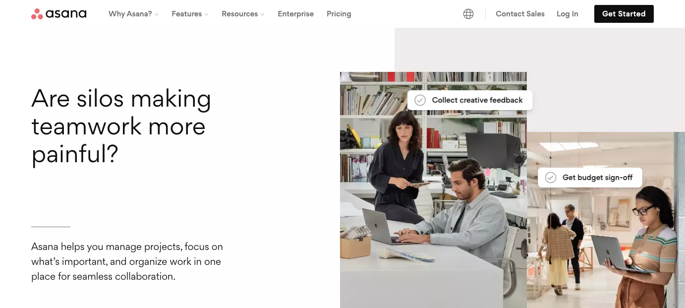 Начална страница на Asana - подобрете ефективността в организацията си чрез подобряване на сътрудничеството на екипа, организиране на работата и поддържане на прозрачност.