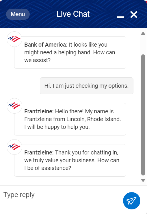 Пример на живия чат на Bank of America