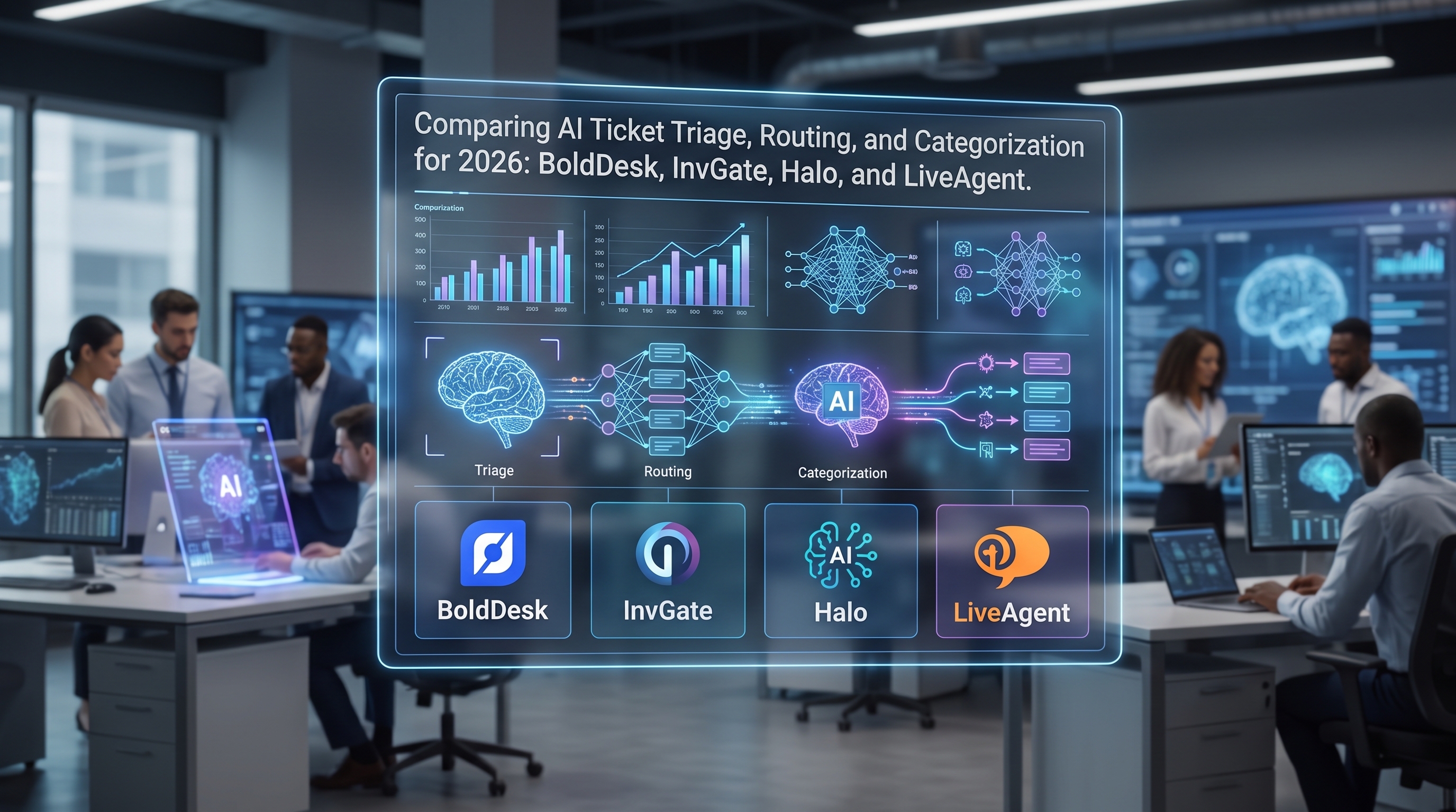BoldDesk срещу InvGate срещу Halo срещу LiveAgent: AI триаж, маршрутизиране и категоризация на тикети, сравнени за 2026 г.
