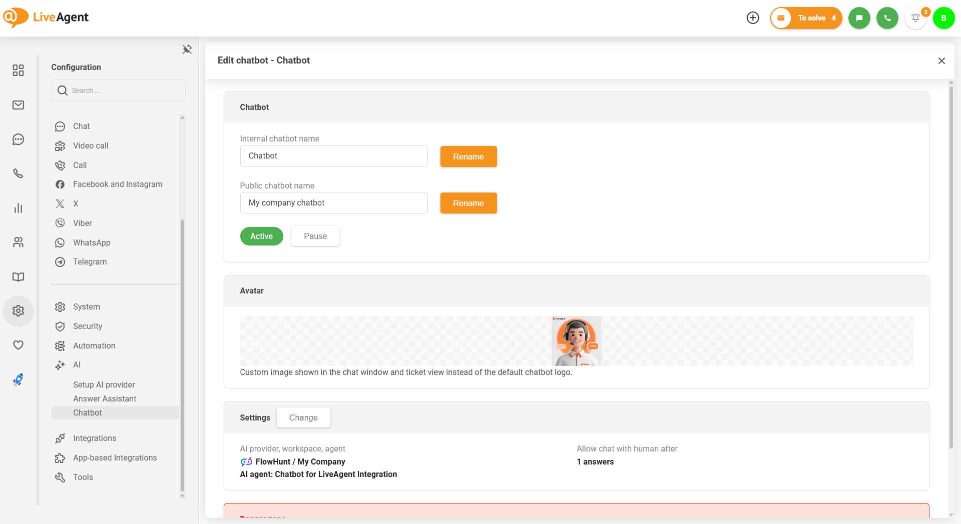 AI чатбот на LiveAgent с качване на персонализирано изображение на аватара