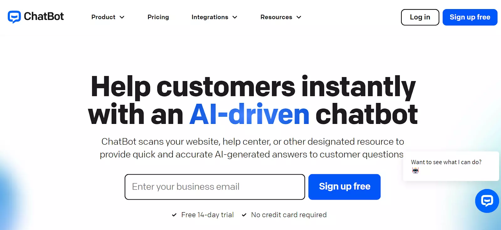 Екранна снимка на начална страница на ChatBot - предоставяне на отговори, генерирани от AI, с техния мощен чатбот