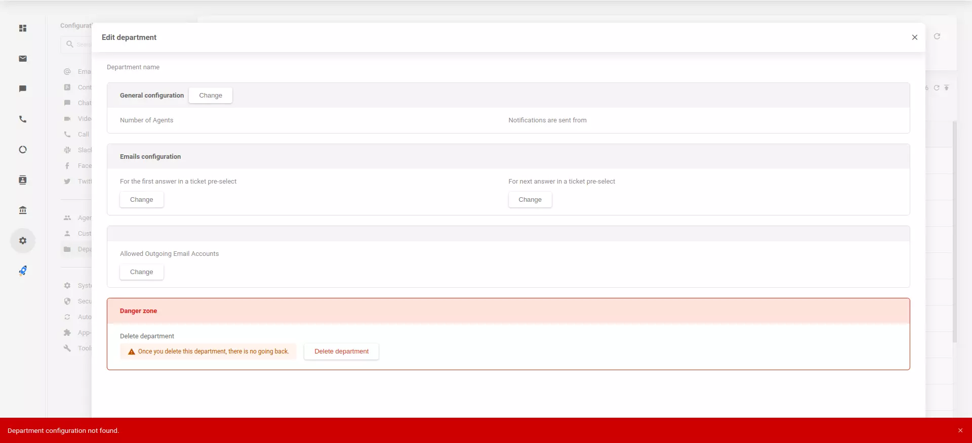 Конфигурации на мигрирани отдели не намерени в приложението LiveAgent