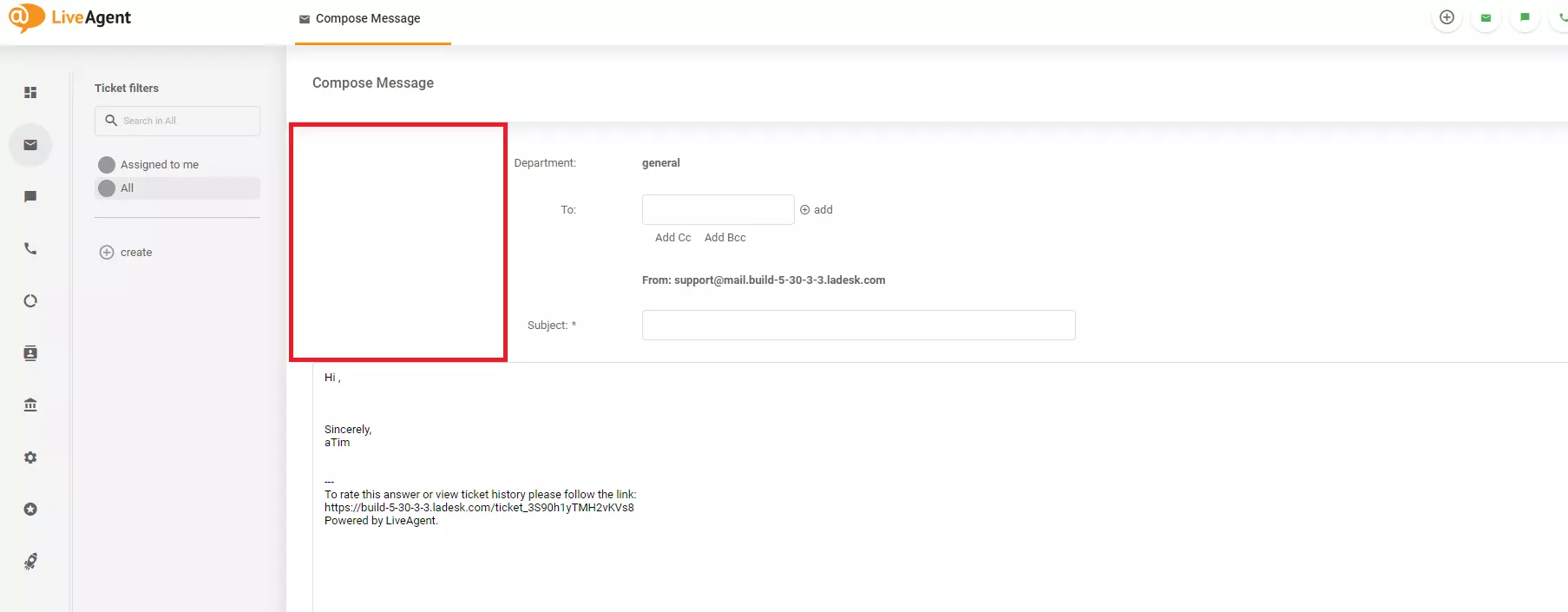 Снимка, показваща проблем с дизайна на екрана за съставяне на съобщение в LiveAgent