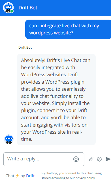 Изображение на чатбот на Drift, който има разговор с клиент чрез техния live chat инструмент
