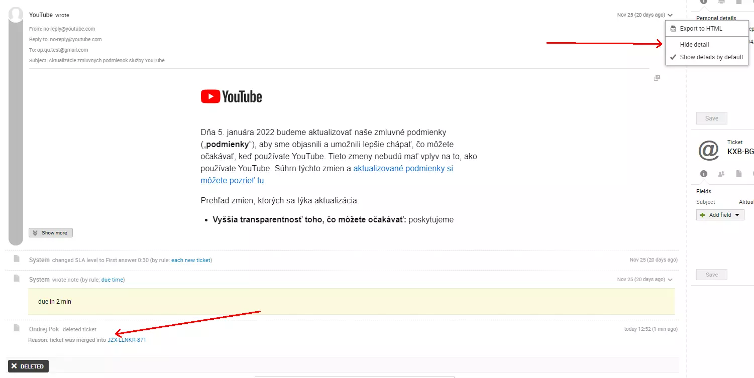 Снимка, показваща грешка на източника на имейл след сливане на два билета, проблем, присъстващ в предишните версии на LiveAgent