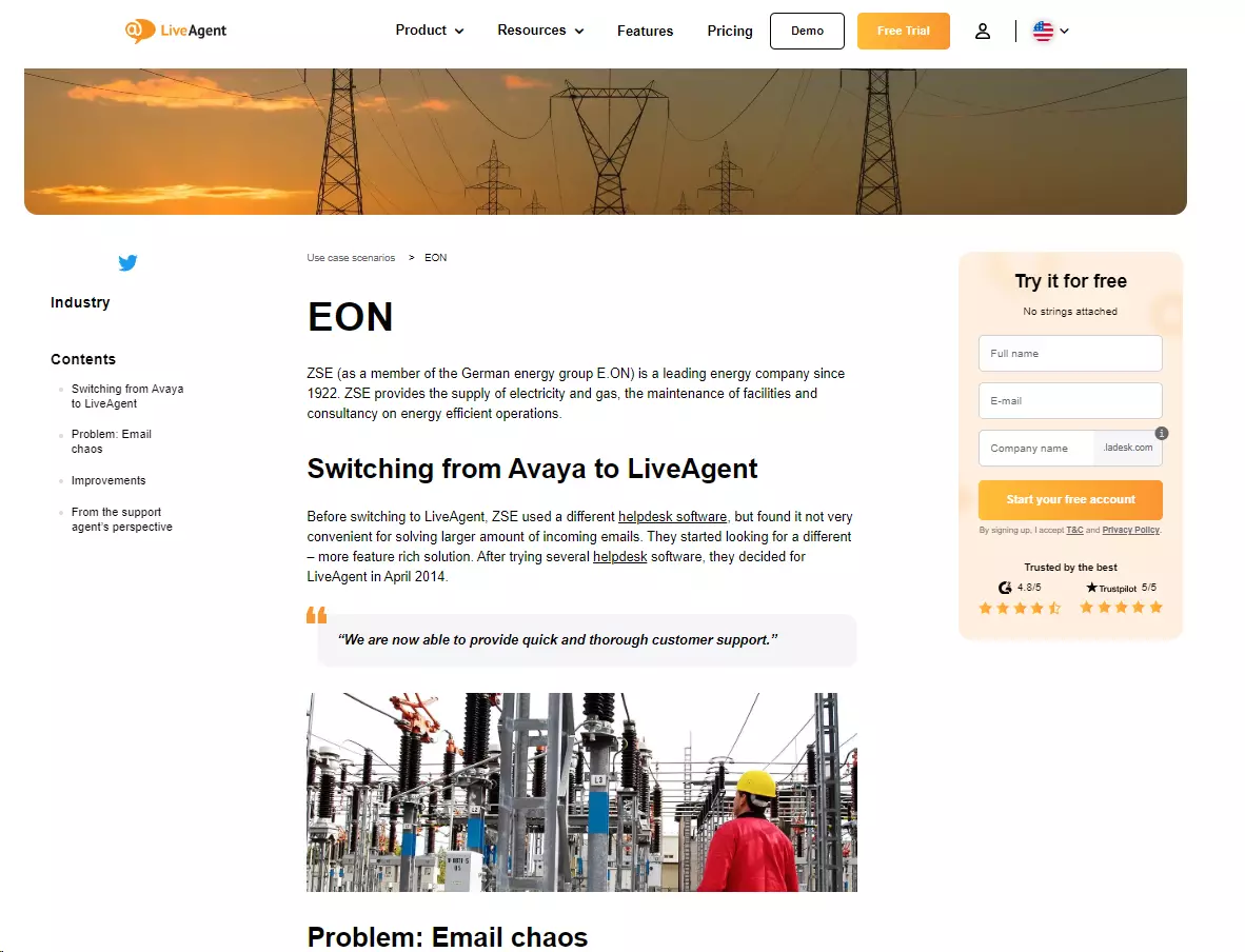 EON - електроснабдителна компания, използваща LiveAgent, за да се справи с големи обеми на клиентски запитвания, идващи от един канал