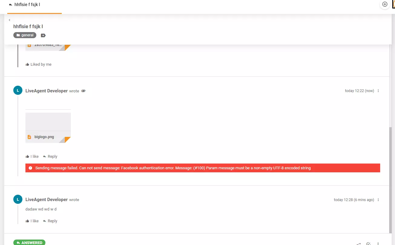 Съобщение за грешка при публикуване на изображение във Facebook през LiveAgent