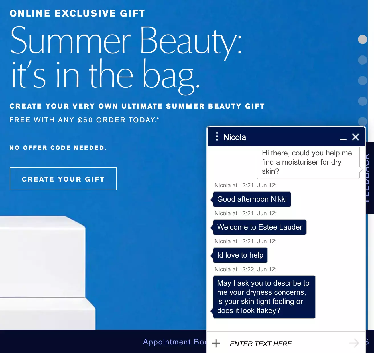 Пример на живия чат на Estee Lauder