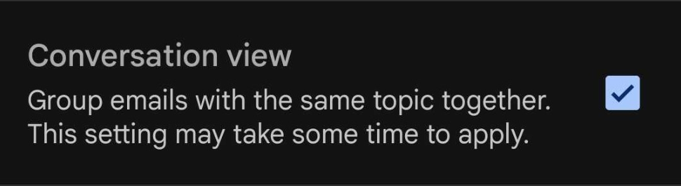 Квадратче за включване и изключване на изгледа на разговора в приложението Gmail