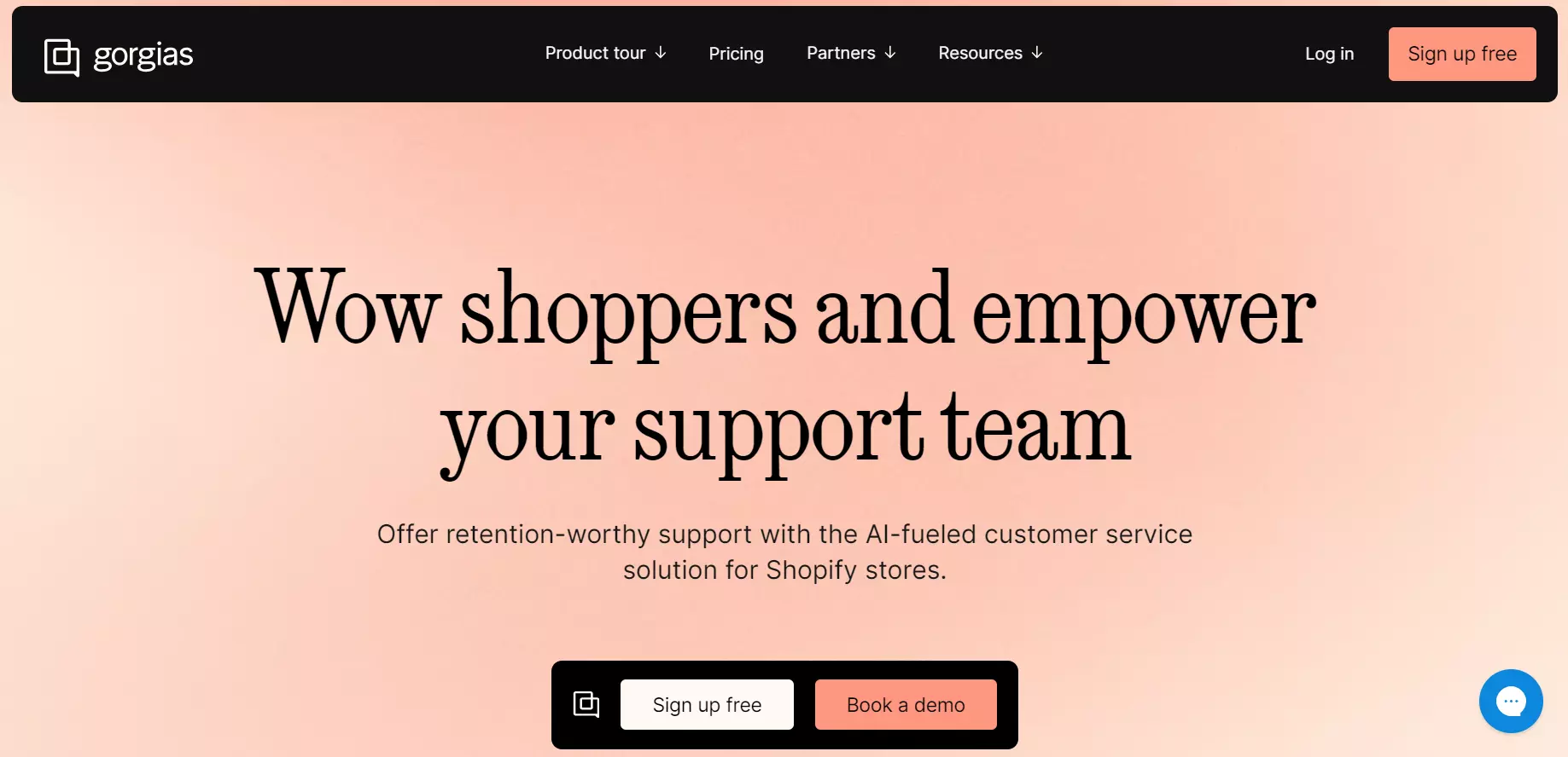 Снимка на начална страница на Gorgias - решение за обслужване на клиенти, захранвано от AI.