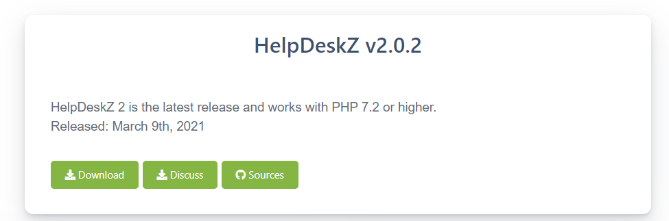 Пример на страницата за изтегляне на система за управление на билети с отворен код с бутон за изтегляне, дискусия и източници