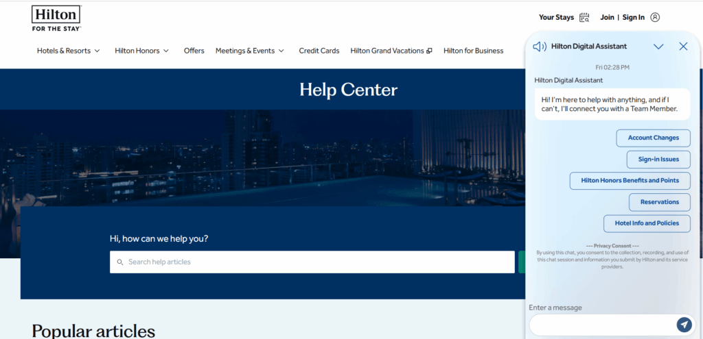 Hilton цифров асистент на уебсайта на Hilton
