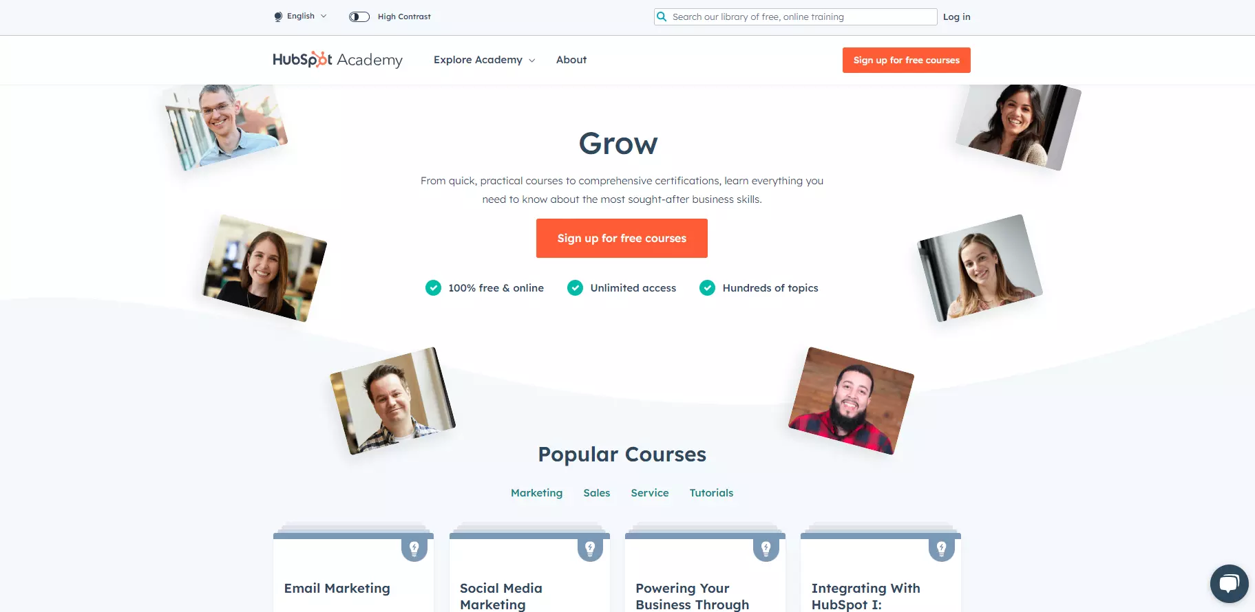 Начална страница на HubSpot Academy