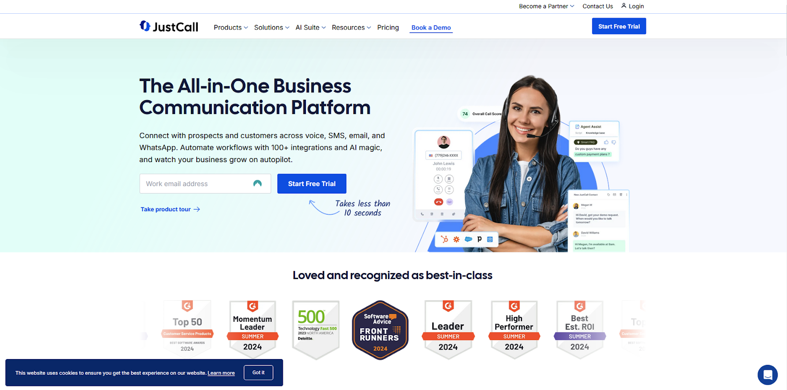 Начална страница на софтуер за кол център JustCall