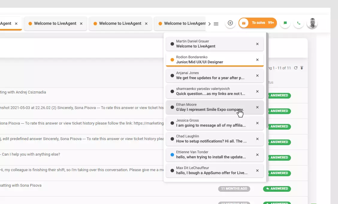 LiveAgent - Списък с отворени тикети