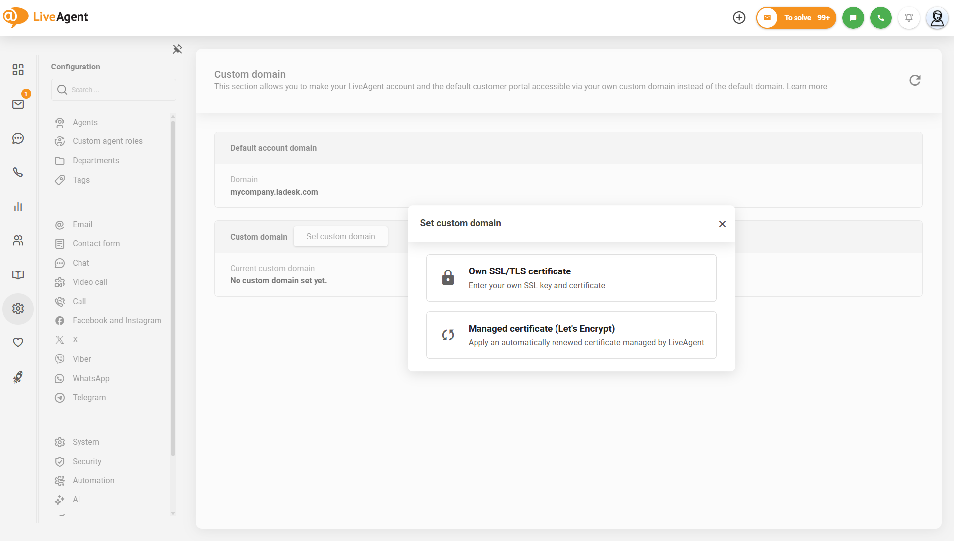 Настройки на персонализиран домейн в LiveAgent с опция за управляван сертификат Let's Encrypt