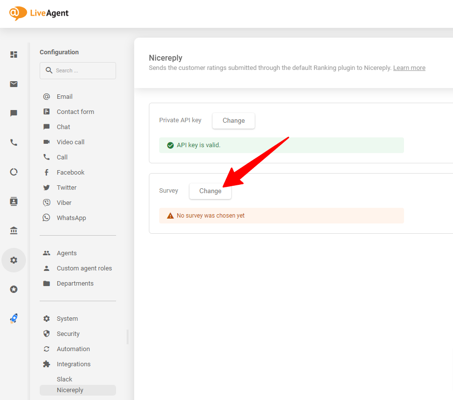 Изберете проучването на Nicereply, което искате, след поставяне на API ключа в своя LiveAgent