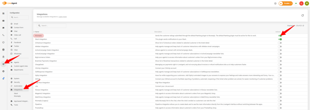 Процесът на активиране на интеграцията с Nicereply в настройките на LiveAgent
