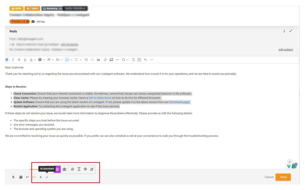 AI помощник за отговори на LiveAgent