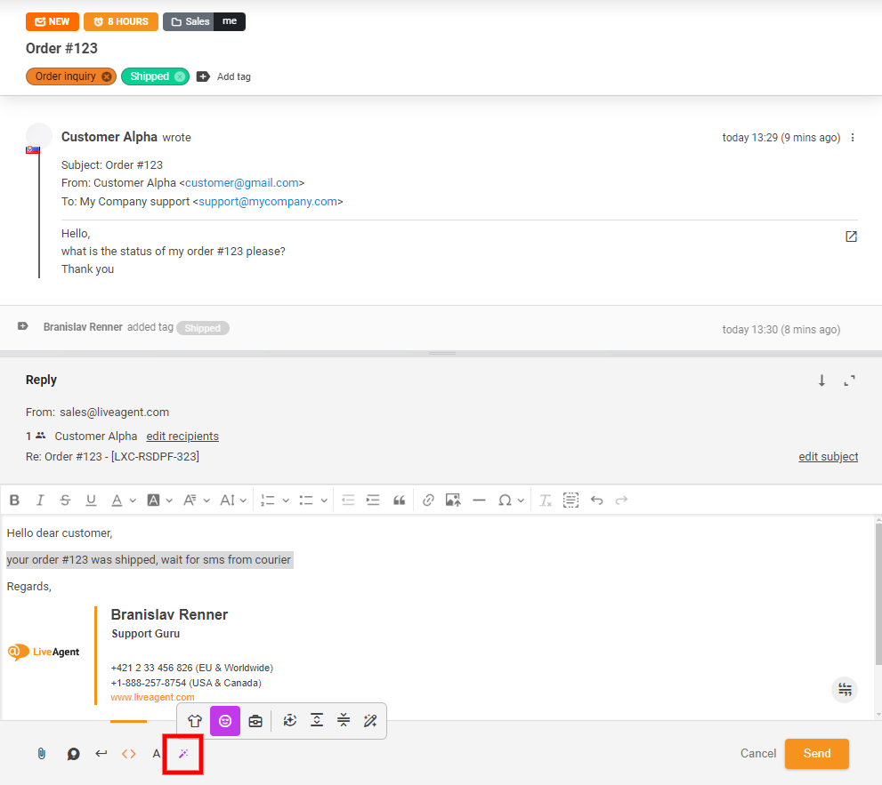 Снимка на екрана на бутона AI Answer Assistant в изгледа на чата