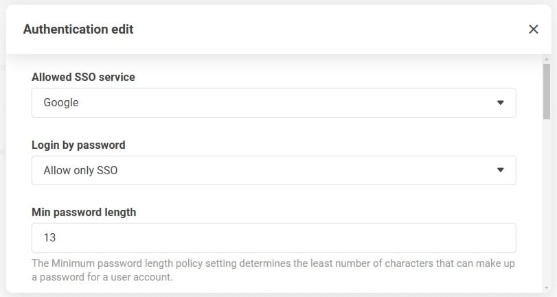 Екран с настройки за удостоверяване, показващ опция за разрешаване само на SSO в раздела за вход с парола