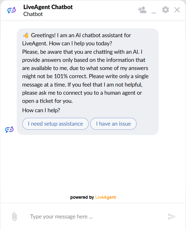Прозорец за чат на LiveAgent, показващ AI чатбот поздрав с два кликваеми бутона за отговор за помощ при настройка и докладване на проблем
